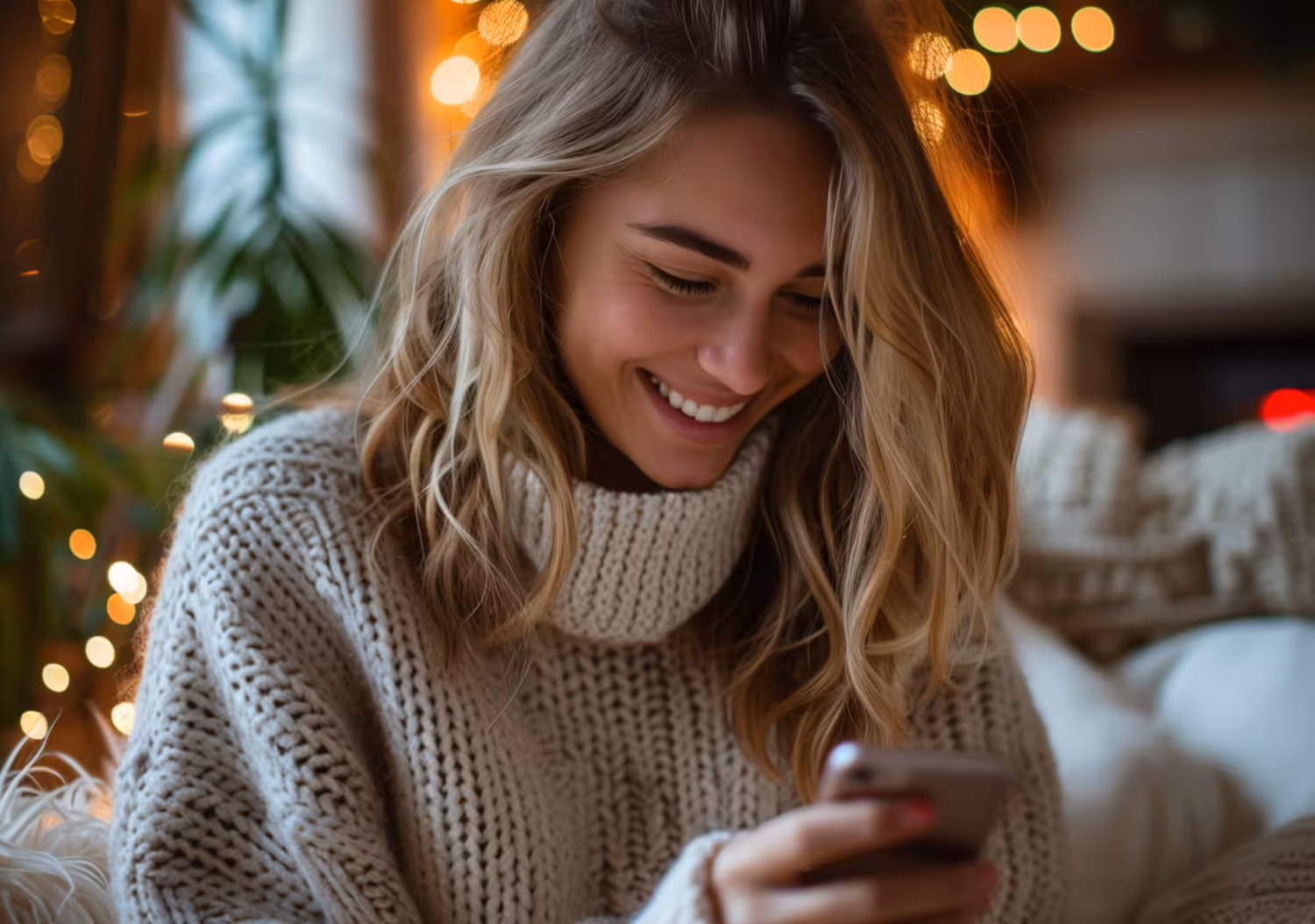 Smiling woman in a cozy sweater looking at her smartphone, representing the joy of receiving a digital gift card through Web2Wallet.
