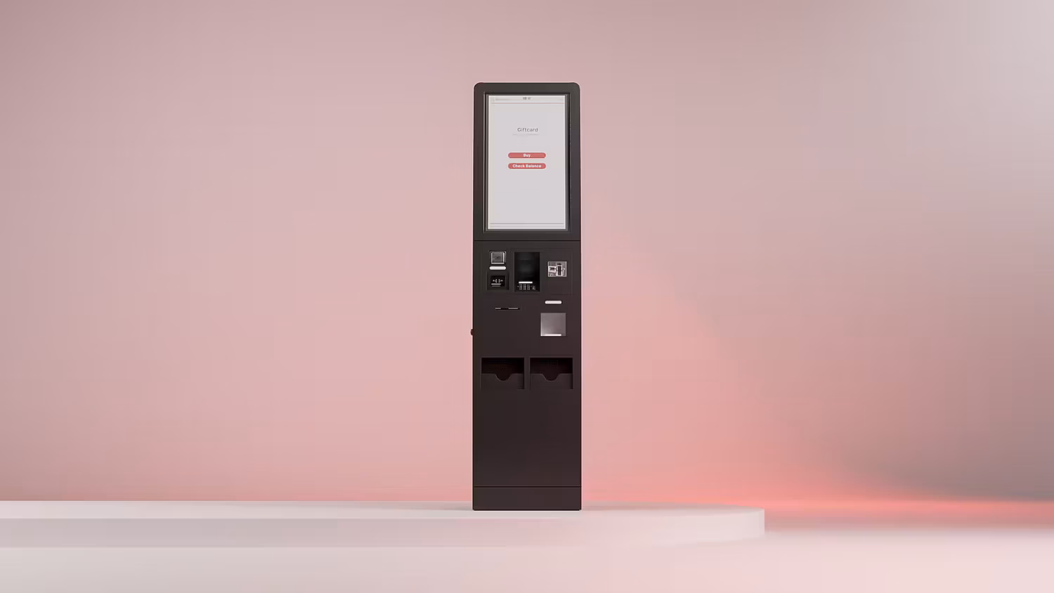 Black self-service gift card payment solution kiosk with touchscreen interface, payment terminal, and card dispenser, displayed on a light pink background.