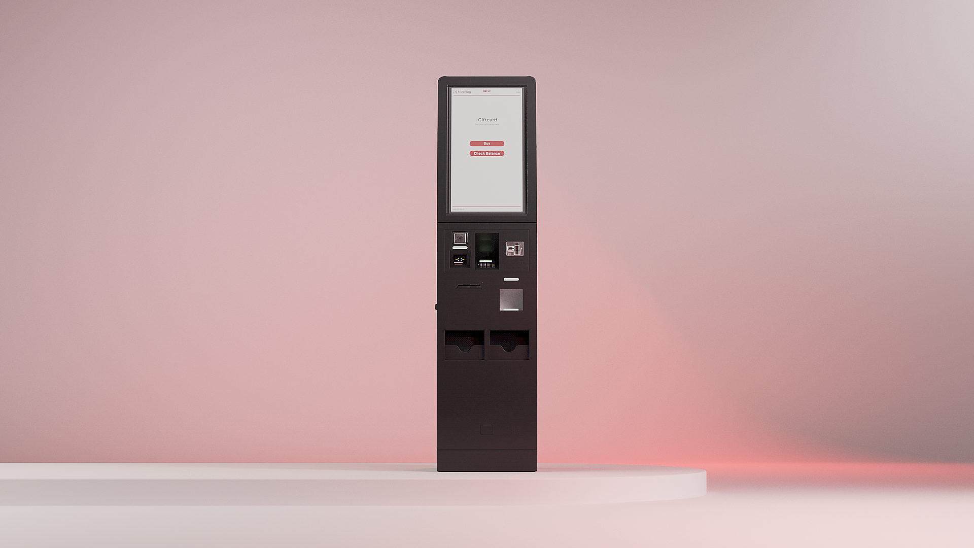 Black self-service gift card payment solution kiosk with touchscreen interface, payment terminal, and card dispenser, displayed on a light pink background.