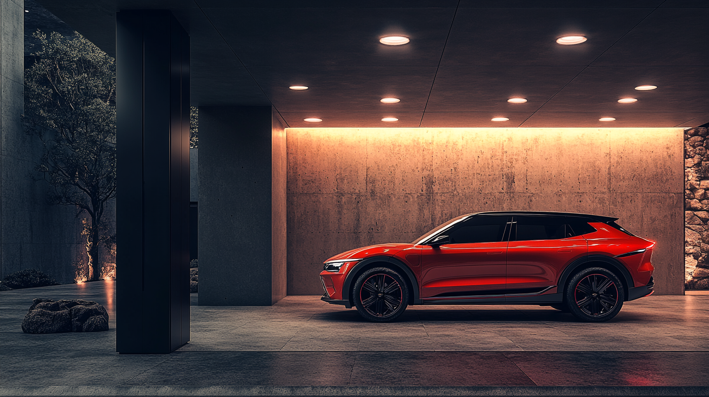 A red car parked in a parking garage, featuring smart and quick parking as a part of the parking forcast for 2025.