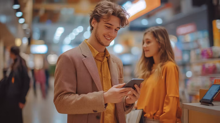 Young man smiling at his phone while shopping, representing the convenience of Microlog's digital gift cards.